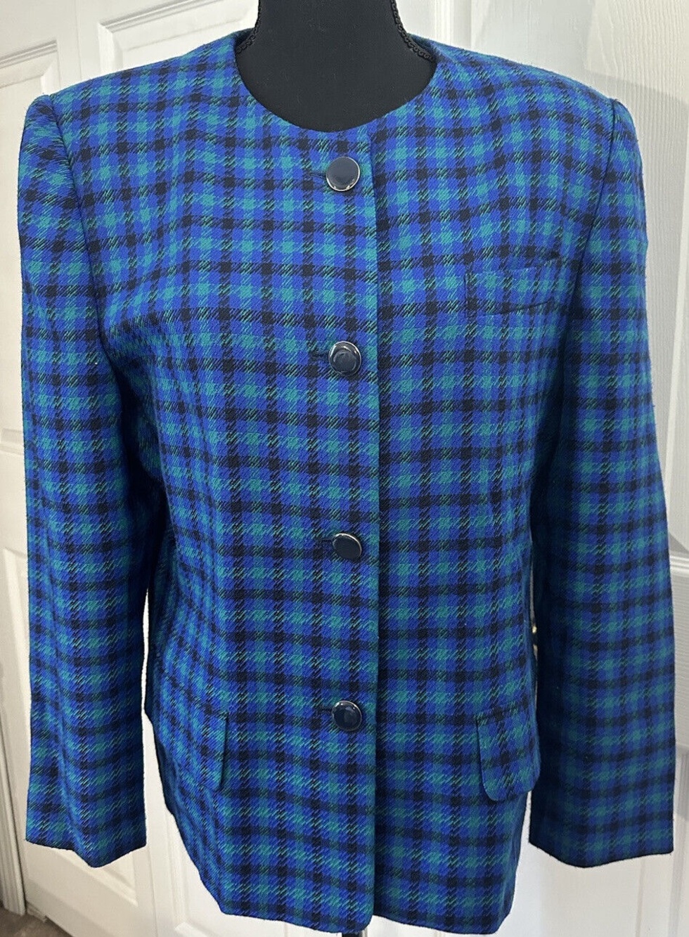 JOHN MEYER of Norwich VTG Blazer Blue Plaid Wool Blend 4 Button Jacket Coat 12